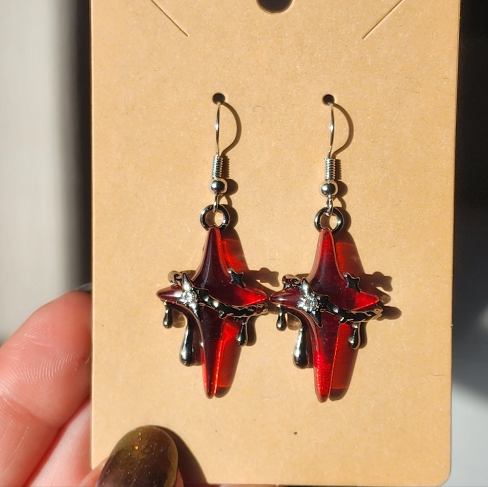 Whimsigoth Red Resin And Metal Star Earrings